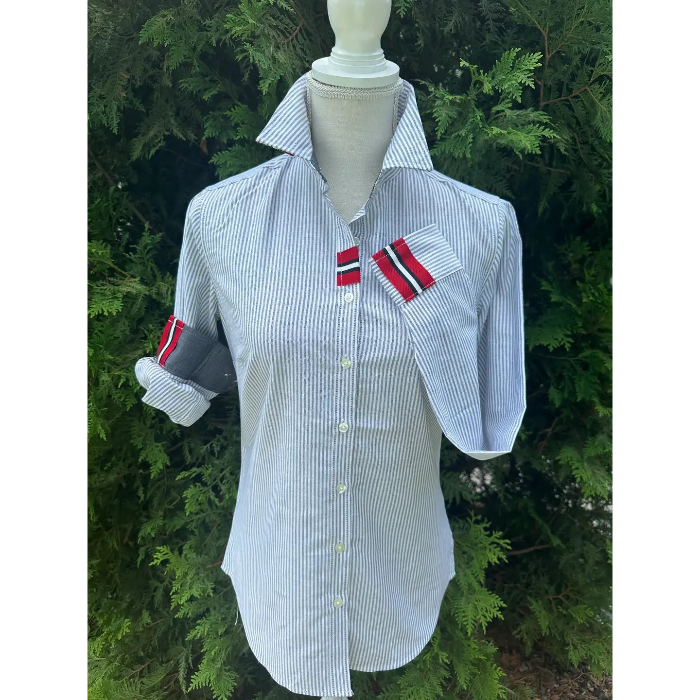 Pearly Vines Casie 2-  Striped Oxford with Black and Red Stripe Ribbon