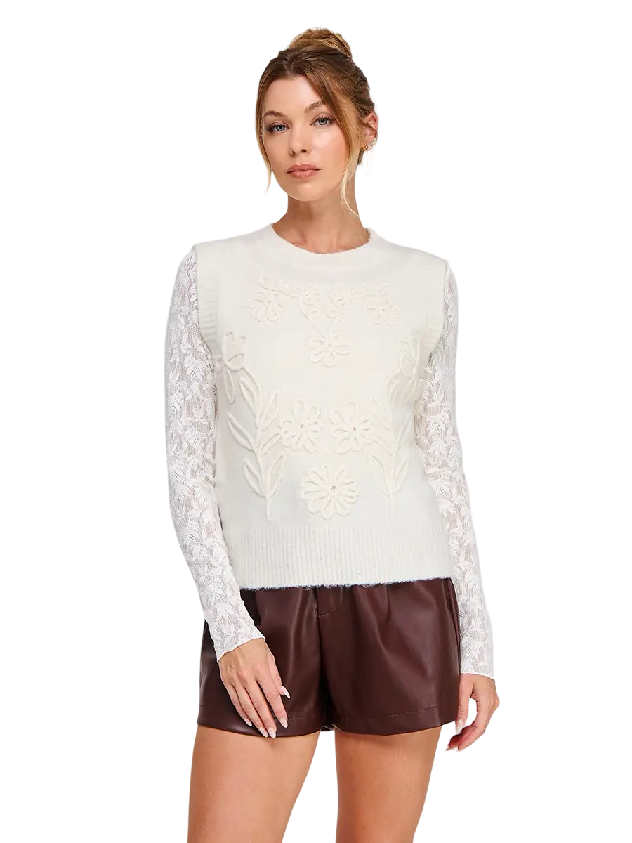 Apparel-Allie Rose Floral Embroidery Sweater Vest Top