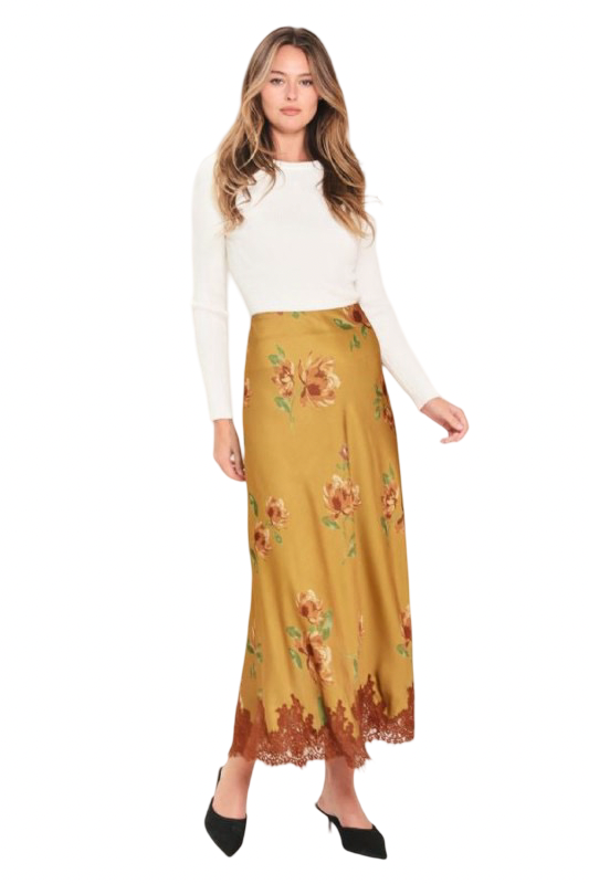 Flying Tomato Pattern Satin and Lace Circle Midi Skirt