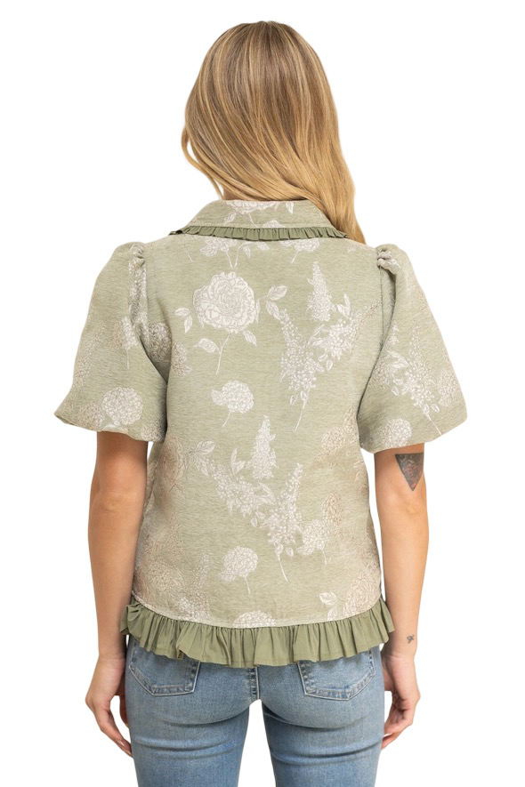 Apparel- VOY Floral Jacquard Top with Ruffled Collar