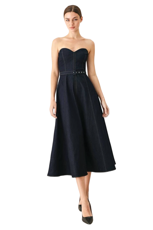Flying Tomato Sweetheart Neck Classic Denim Midi Dress