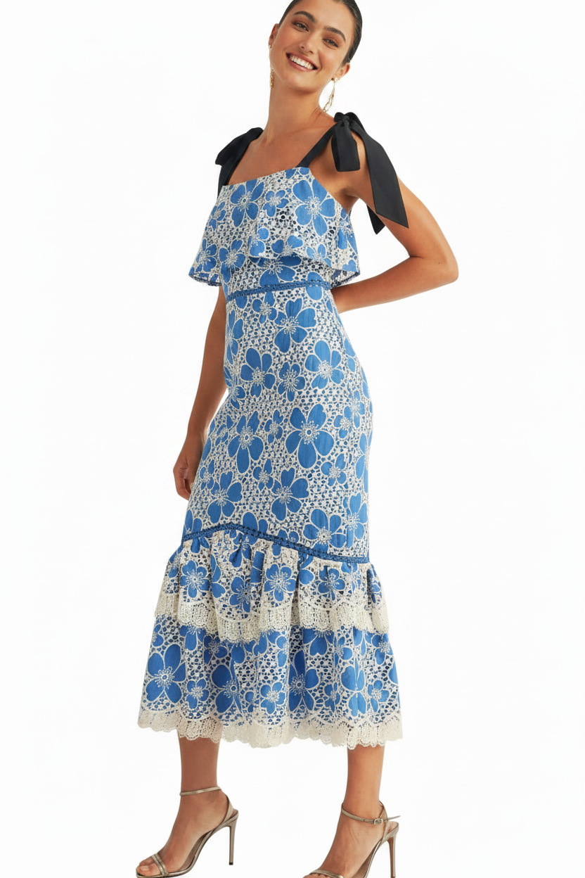 Just Me Flower Lace Ruffle Bottom Midi Dress Blue / Large