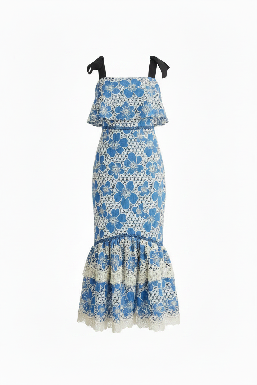 Just Me Flower Lace Ruffle Bottom Midi Dress