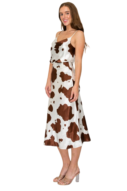 DNA Couture Satin Cow Print Midi Skirt