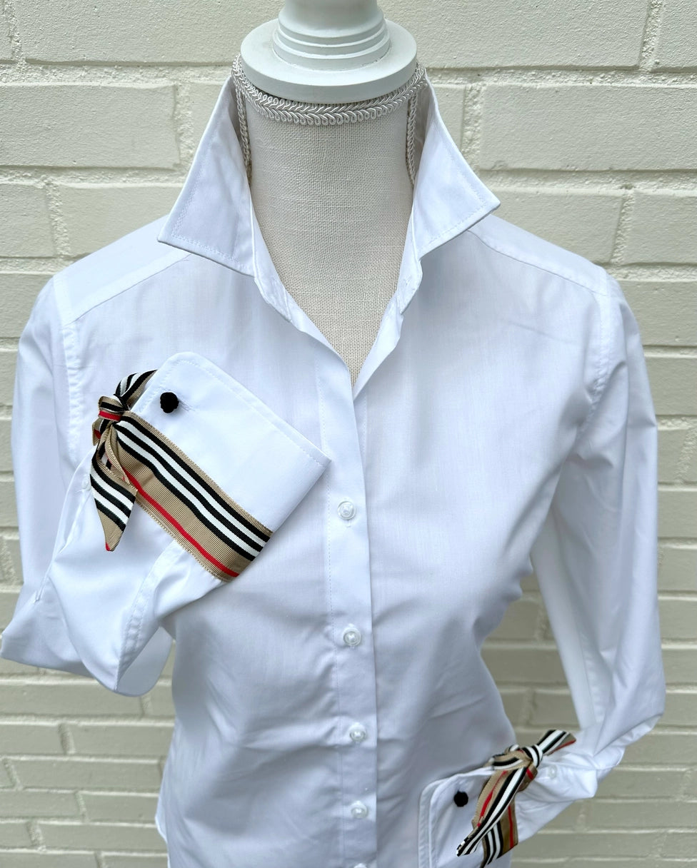 Apparel- Pearly Vines- Audrey White Ribbon French Cuff with Brown/Black/Red & White Stripe Ribbon