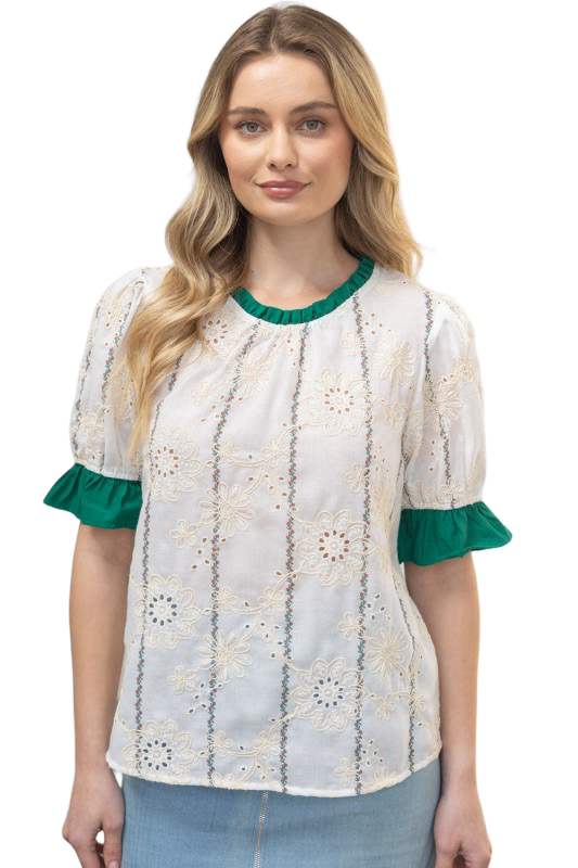 VOY Eyelet Contrast Band and Sleeve Blouse Top