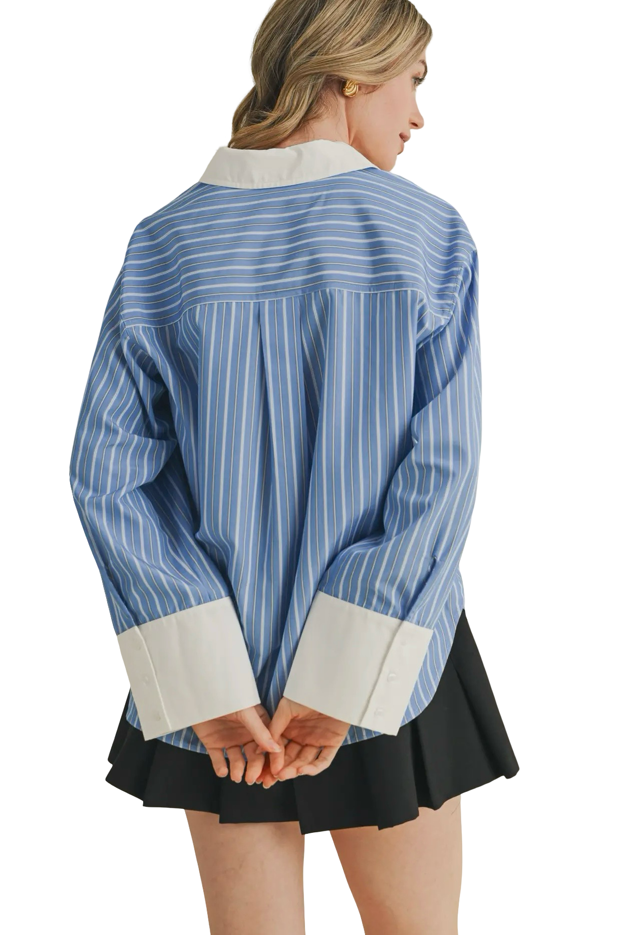 Apparel- En Merci Striped Wide Cuff Button Down Top