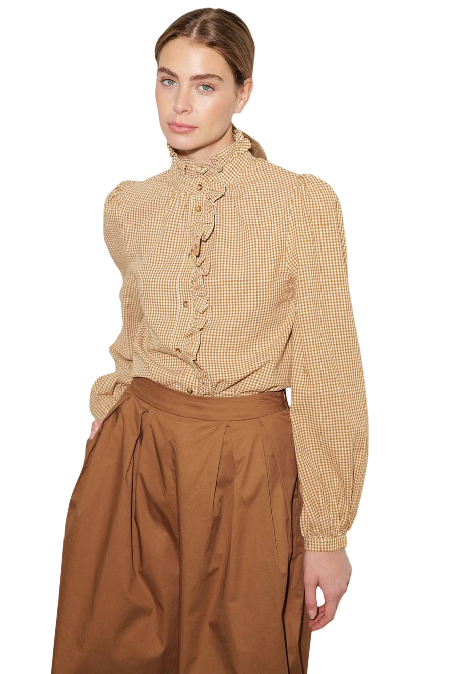 Apparel- Flying Tomato Gingham Ruffle Front Button Down Top