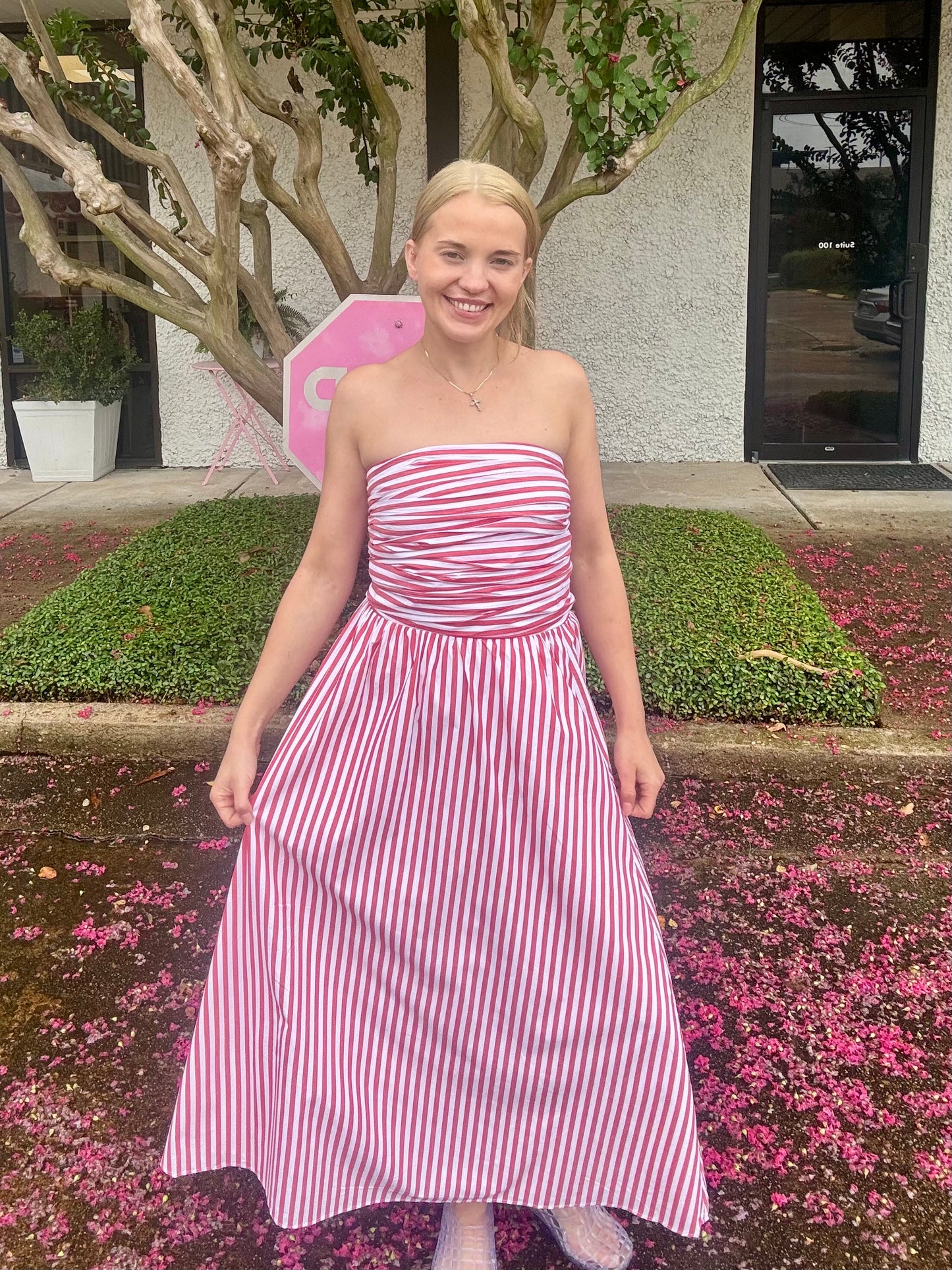 Needii Strapless Striped Ruched Bodice Maxi Dress