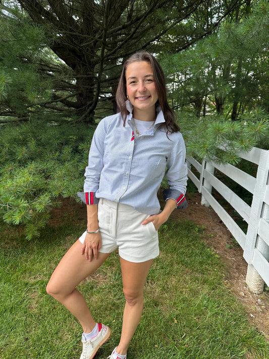 Apparel- Pearly Vines Casie 2 - Striped Oxford w/Black, Red & White Ribbon