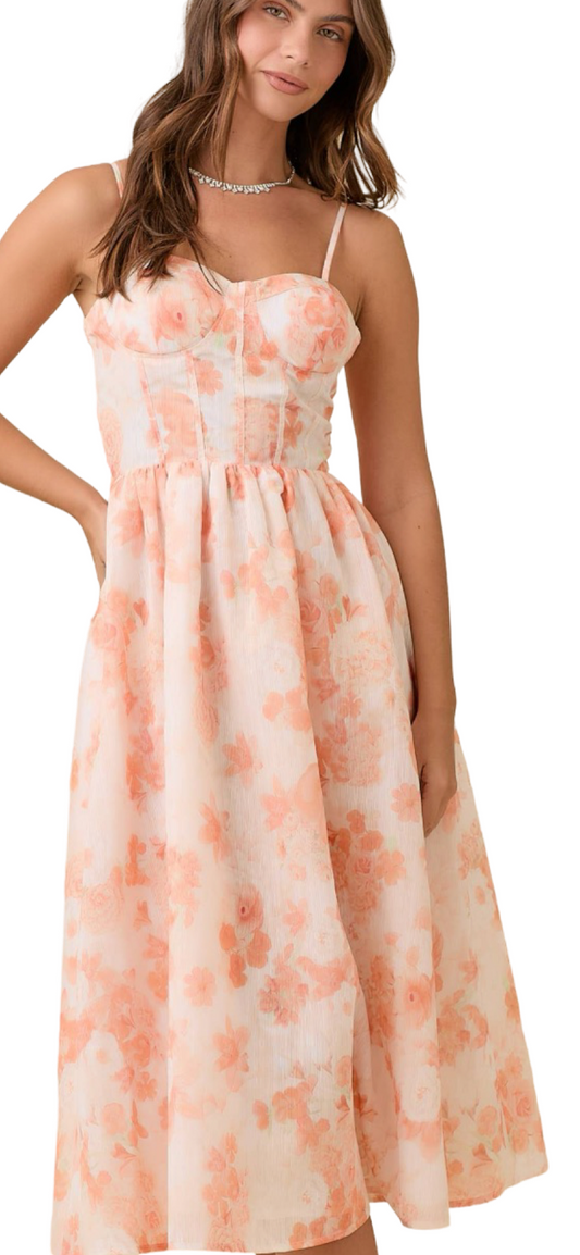 Apparel- Main Strip Bustier Corset Midi Floral Printed Dress