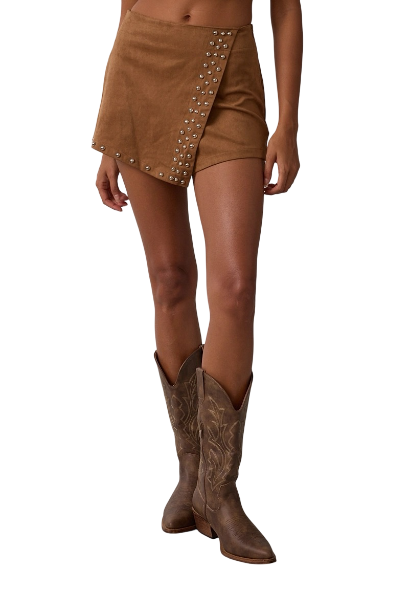 Apparel- Sky to Moon Suede Asymmetrical Studded Mini Skort