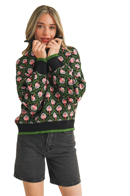 Apparel- En Merci Floral Half Zip Mock Neck Pullover Sweater