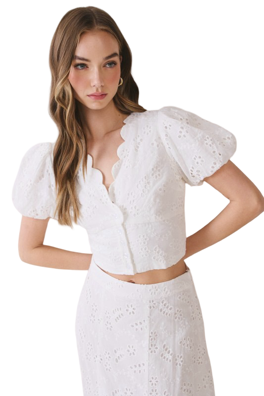 TCEC Eyelet Puffed Sleeve  Crop Top