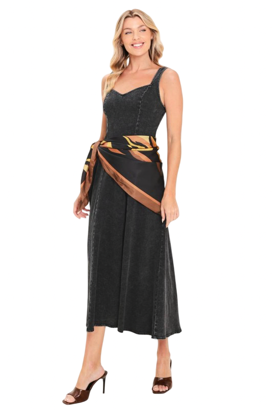 Flying Tomato Washed Denim Midi Dress with Scarf Tie Belt