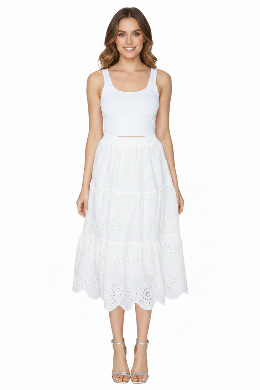 Haute Monde Eyelet Elastic Waist Midi Skirt