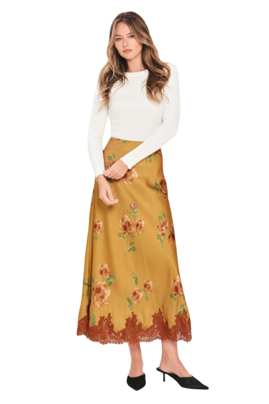Flying Tomato Pattern Satin and Lace Circle Midi Skirt