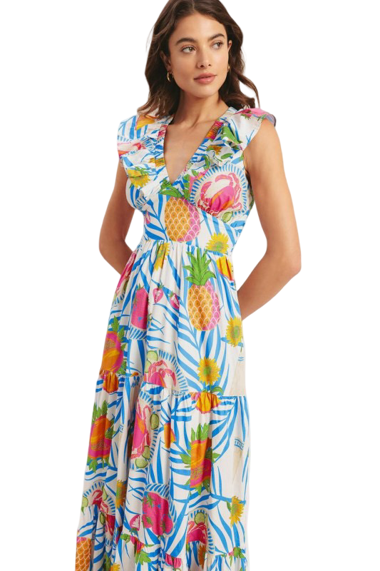 Flying Tomato Tropical Fruit V Neck Maxi Dress