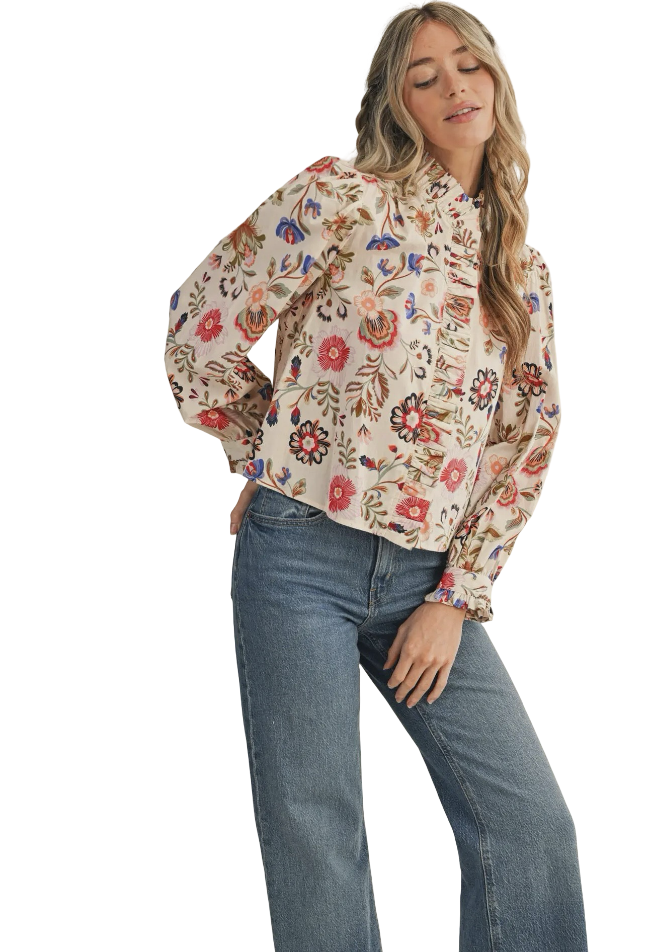 Apparel- En Merci Floral Print Ruffled Button Down Top