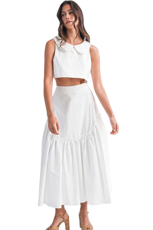 Mable Poplin Collar Sleeveless Top and Midi Skirt Set