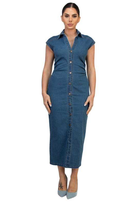 Haute Monde Button Front Denim Midi Dress
