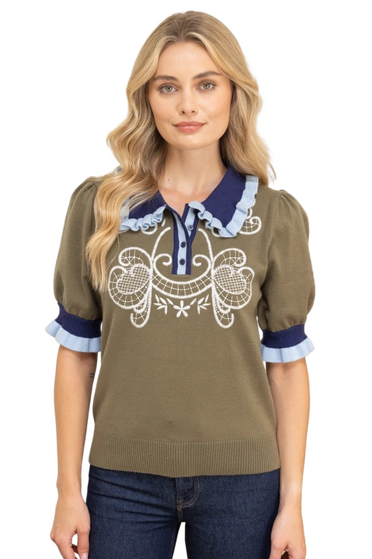 Apparel- VOY Contrast Embroidery Collar Knit Top