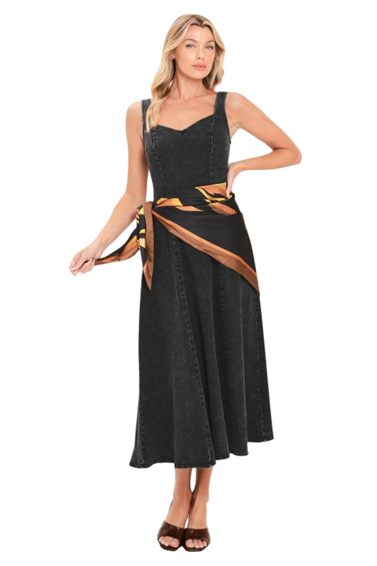 Flying Tomato Washed Denim Midi Dress with Scarf Tie Belt