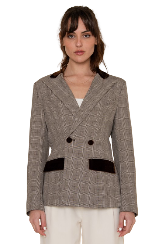 Chaqueta estilo blazer Fore Collection a cuadros con detalles de terciopelo