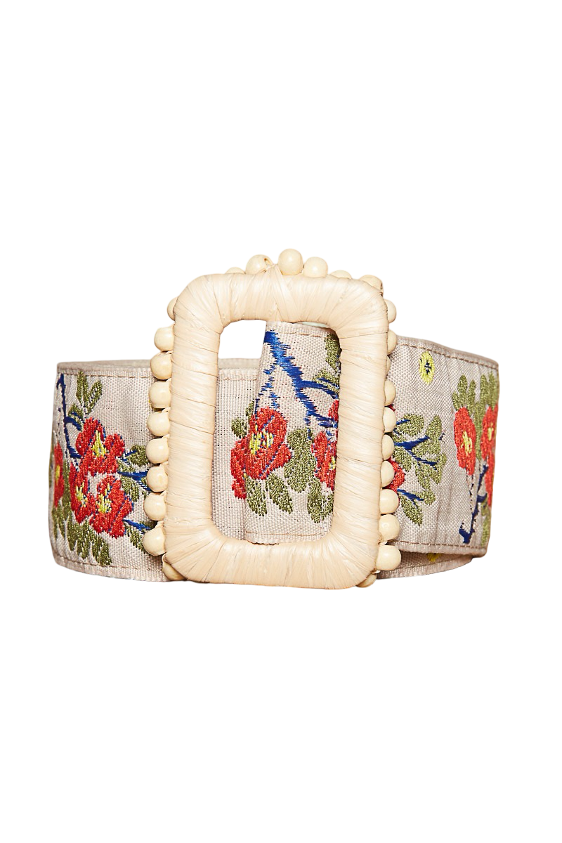 Pol Woven Embroidered Statement Sash Belt with Wood Bead Buckle