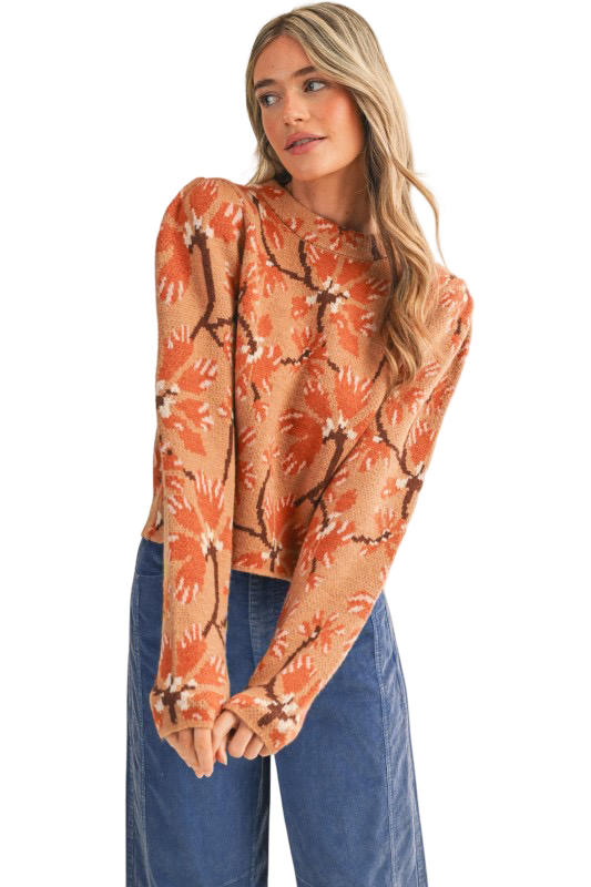Apparel- En Merci Floral Mock Neck Sweater Top