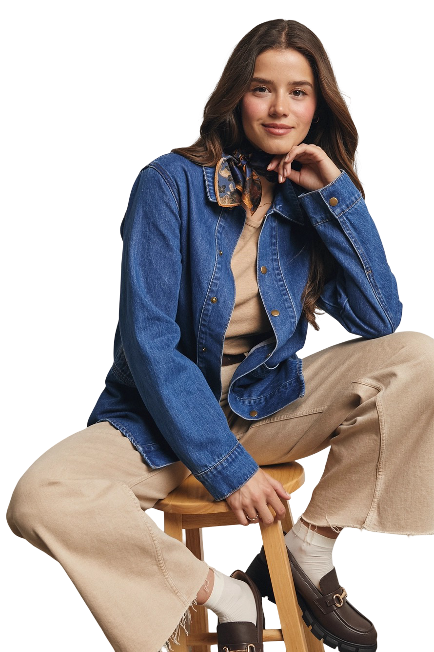 Apparel- Forte Utility Snap Washed Denim Jacket Top