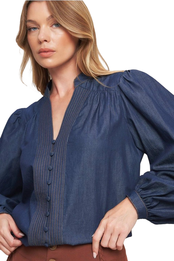 Apparel- Flying Tomato V Neck Detail Denim Top