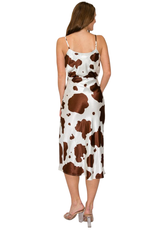 DNA Couture Satin Cow Print Midi Skirt