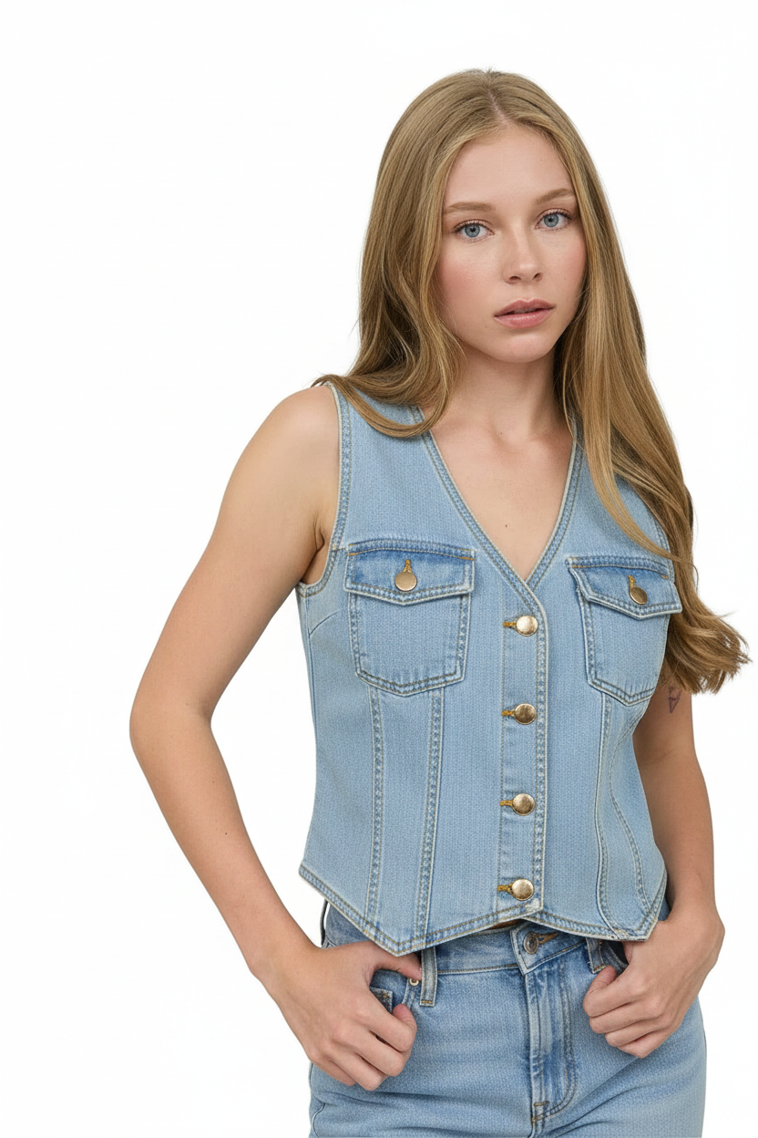 The Workshop V Neck Denim Button Down Vest