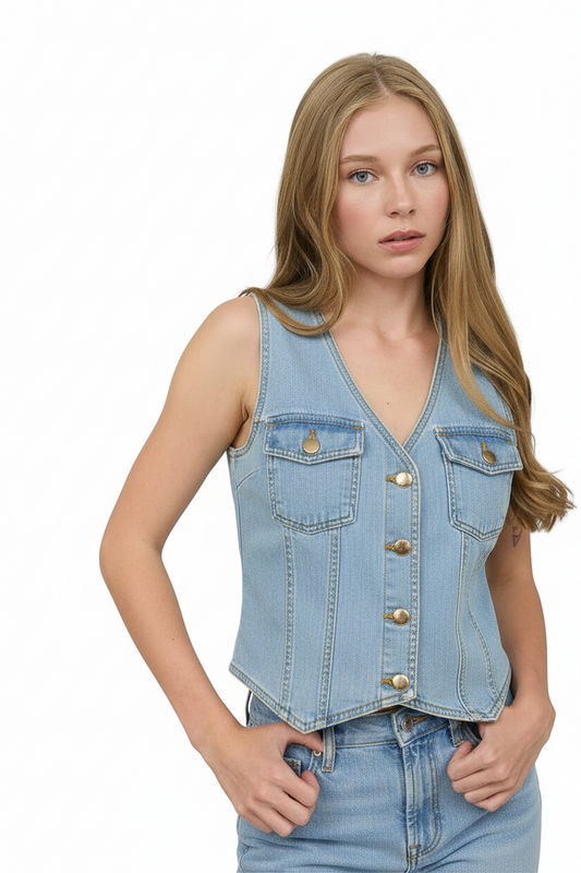 The Workshop V Neck Denim Button Down Vest