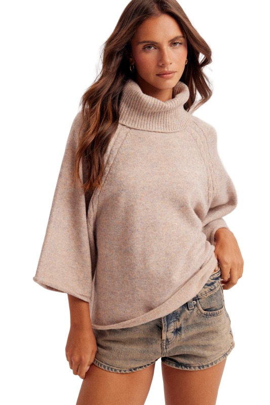 Hem and Thread Mini Cable Detail Turtleneck Sweater Top