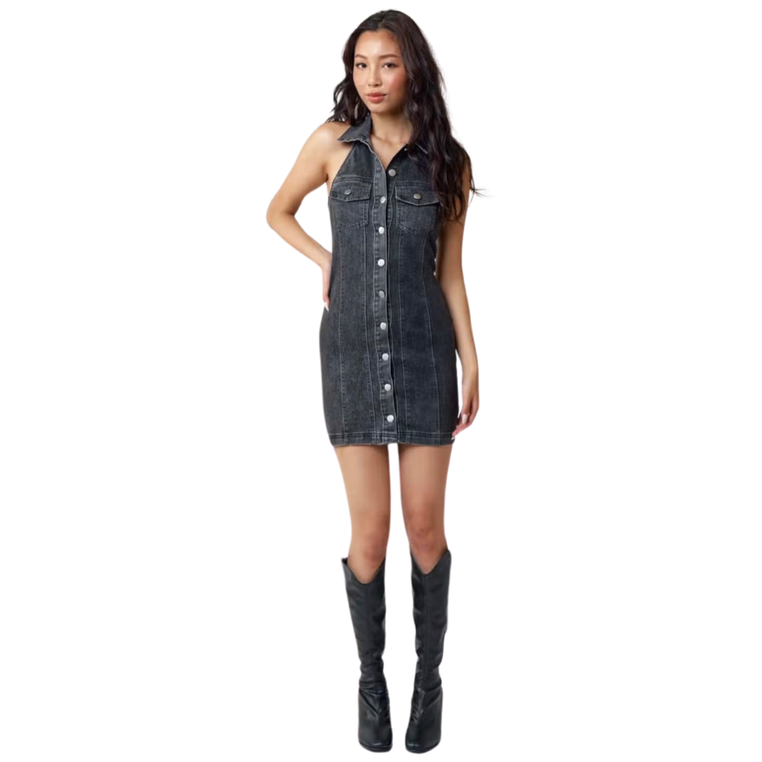 Apparel- Blue Blush Halter Neck Sleeveless Denim Dress