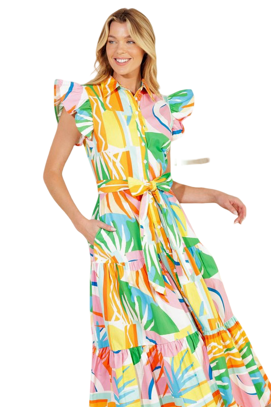 Flying Tomato Printed Ruffle Sleeve Midi Dress