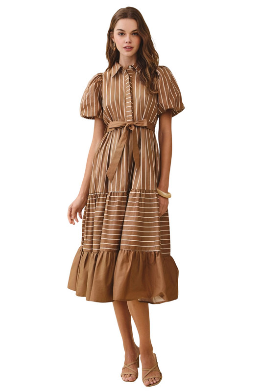 Apparel- TCEC  Collard Striped Belt Waist Midi Dress