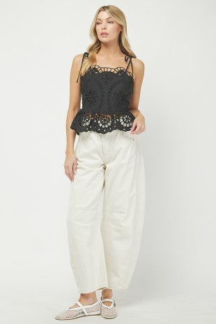 Needii Embroidered Eyelet Peplum Top