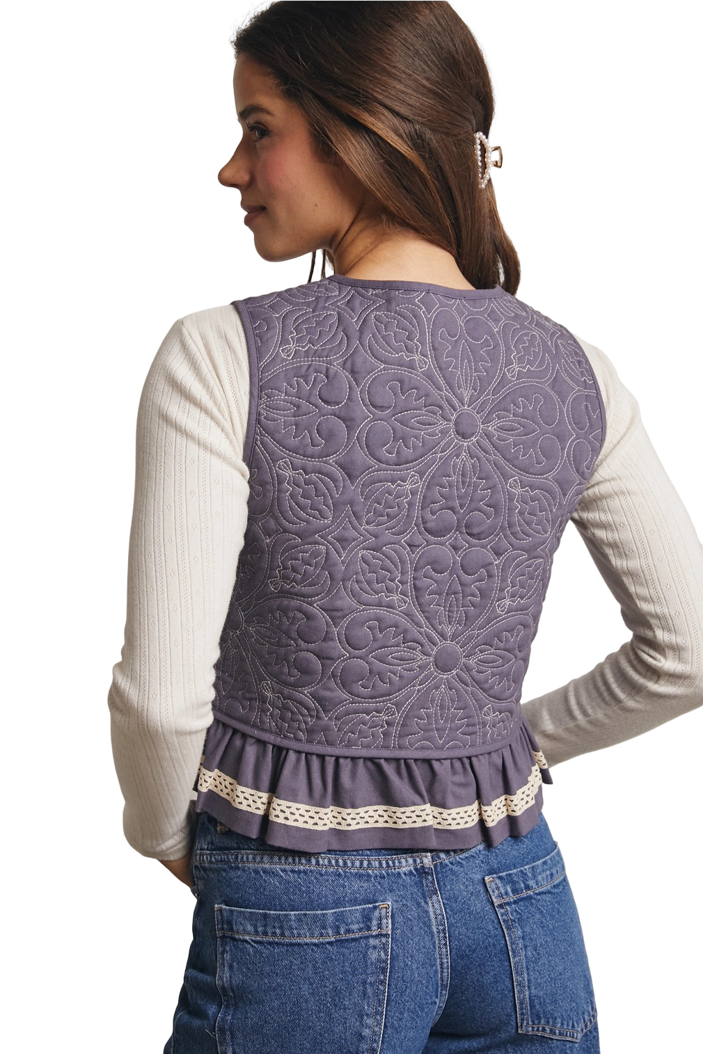Apparel- Forte Lace Trimmed Quilted Peplum Vest Top