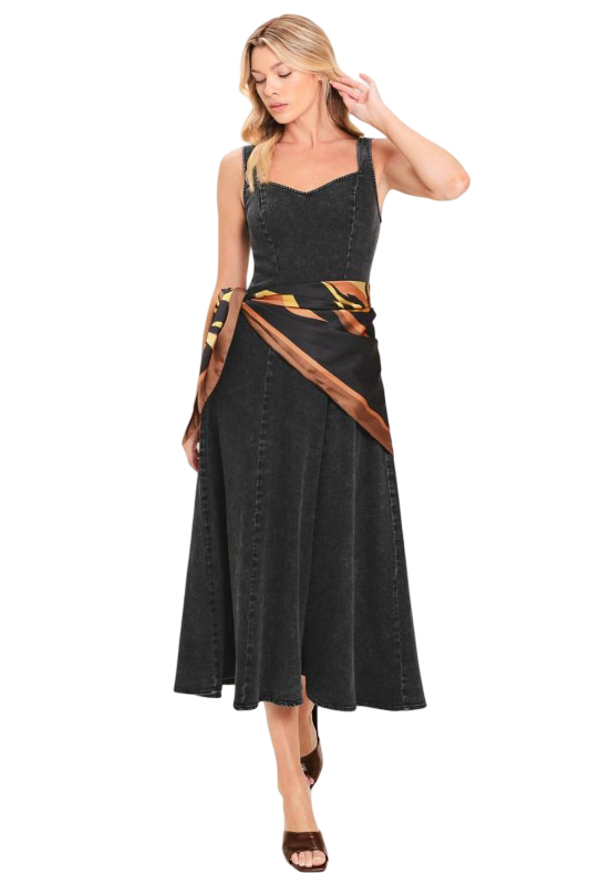 Flying Tomato Washed Denim Midi Dress with Scarf Tie Belt