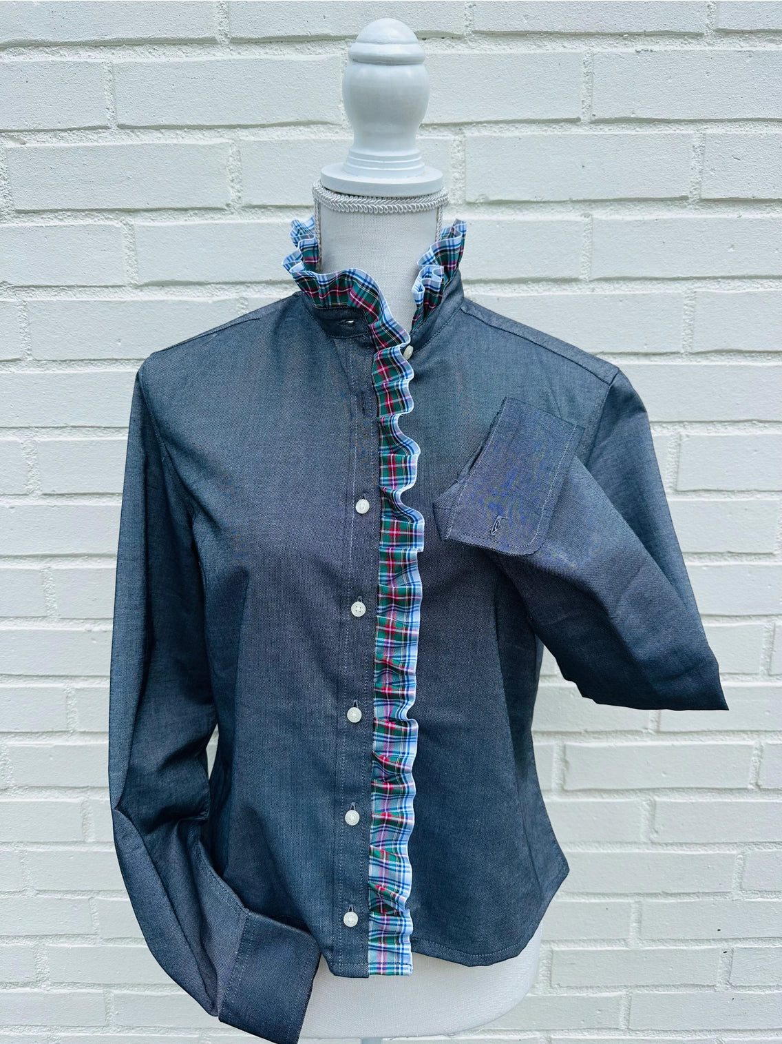 Apparel- Pearly Vines Sophia Gray Oxford with White Plaid Ruffle Front Shirt