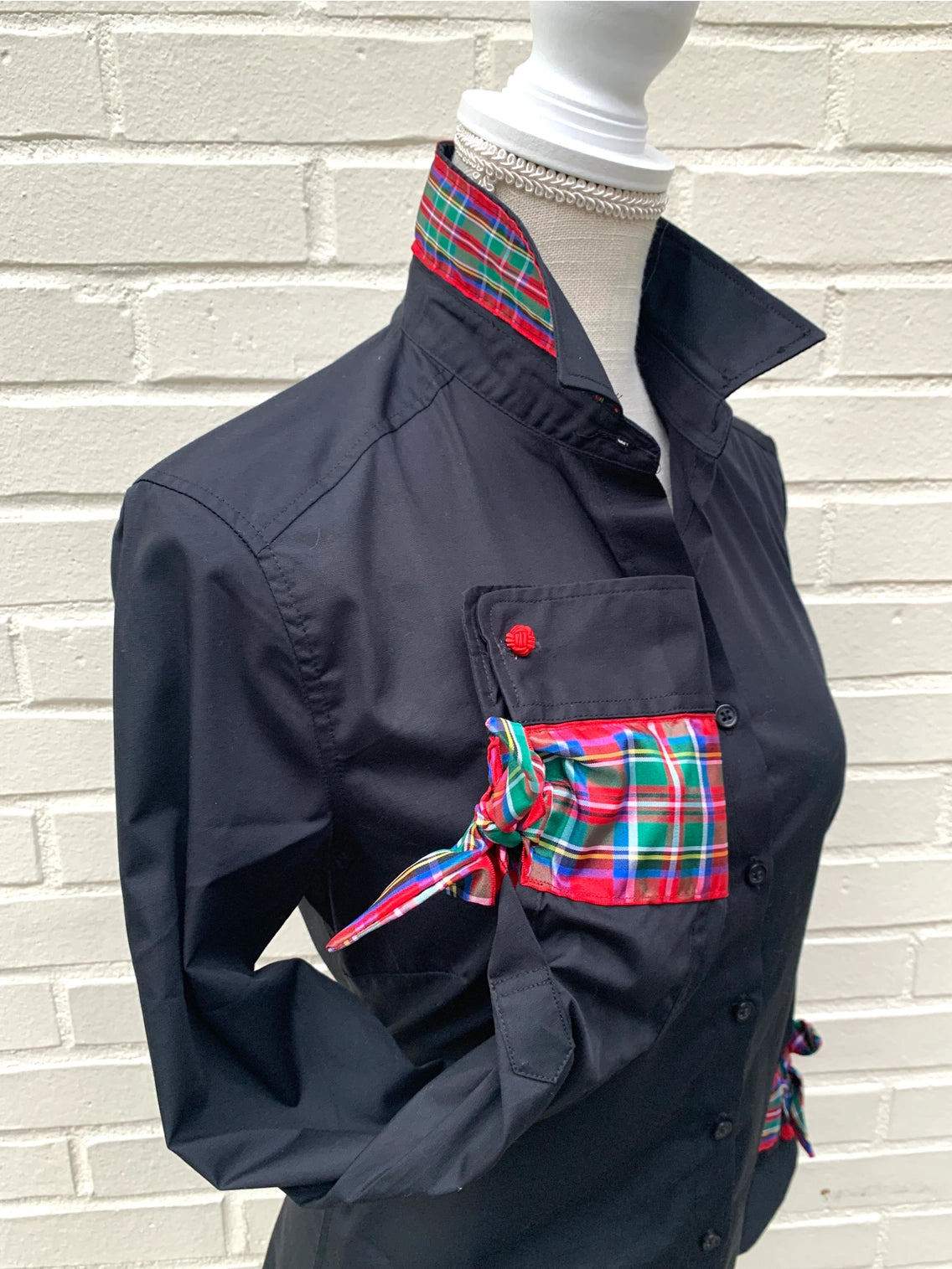 Apparel- Pearly Vines- Audrey Black Holiday Ribbon French Cuff with Black Plaid Ribbon