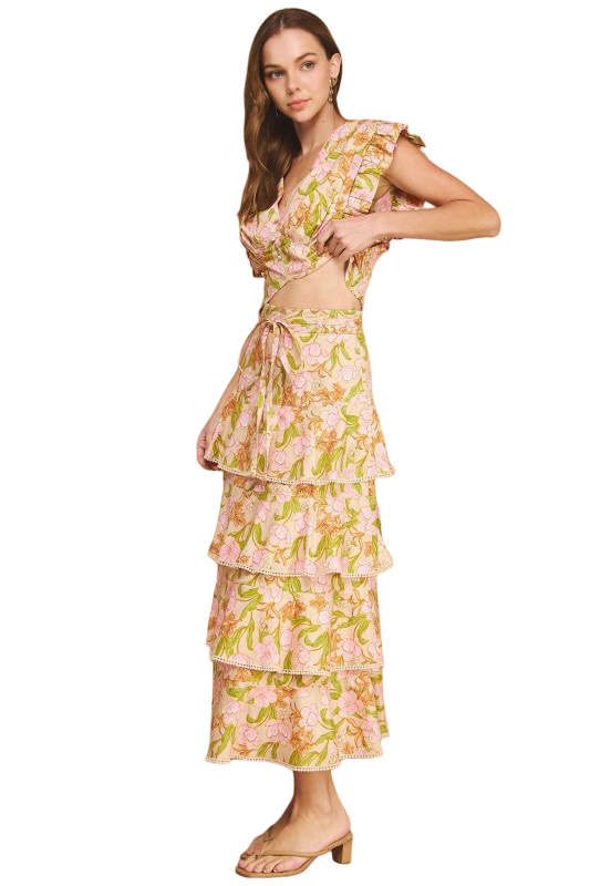 Strut and Bolt Floral Print Pleated Tiered Skirt Set