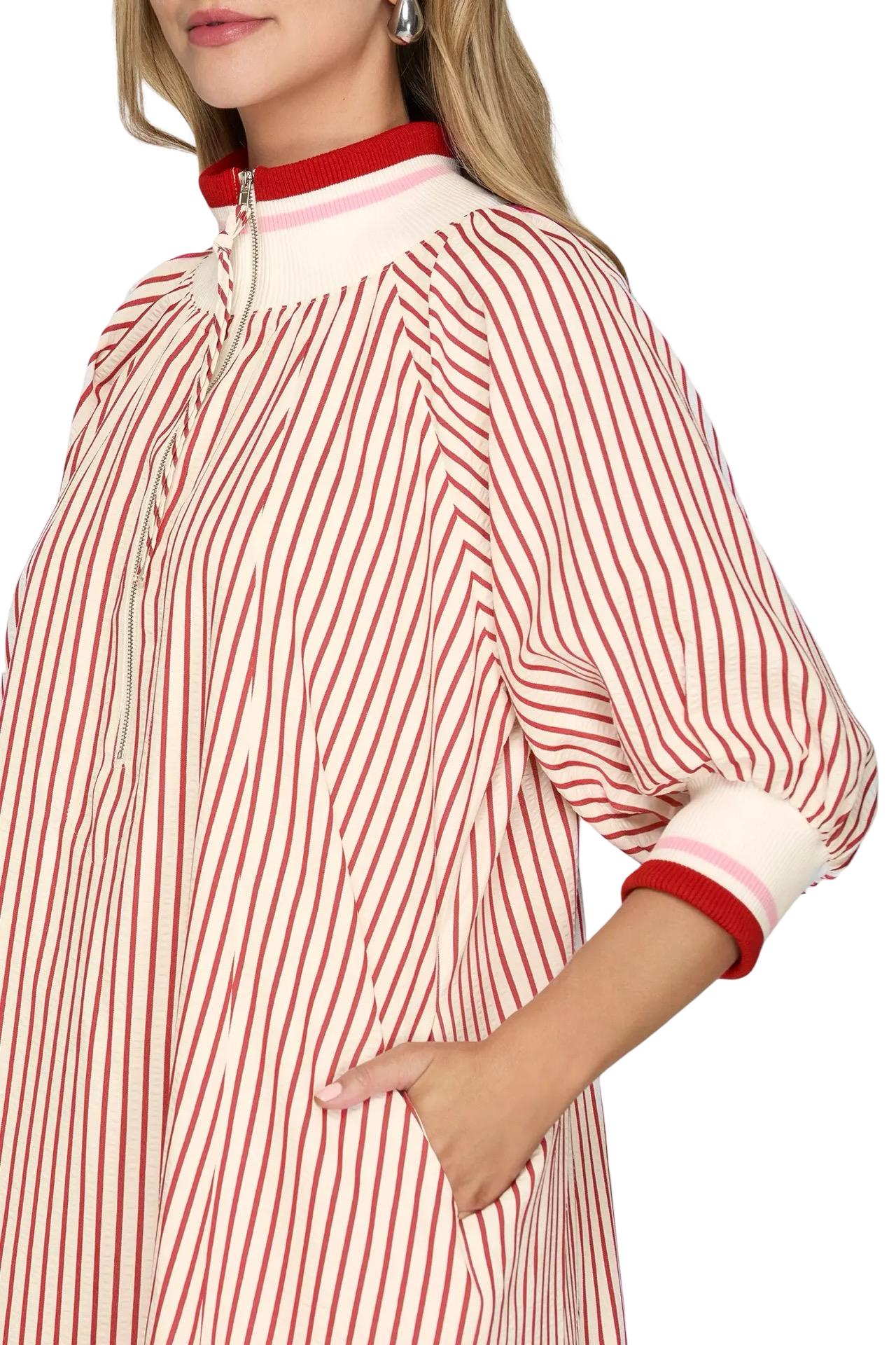 She+Sky  1/2 Sleeve Zip Striped Mini Dress