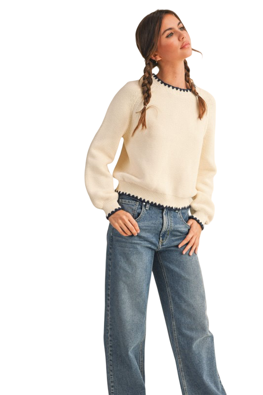 Apparel- En Merci Contrast Stitch Long Sleeve Sweater Top