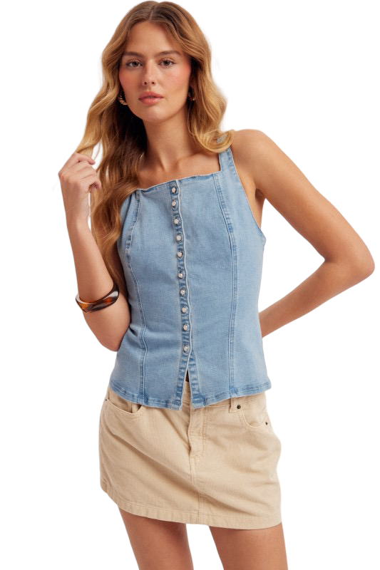 Hem and Thread Button Down Lace Back Denim Apron Top