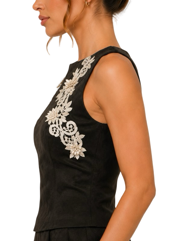 Fore Collection Asymmetrical  Crochet Trim Suede Top