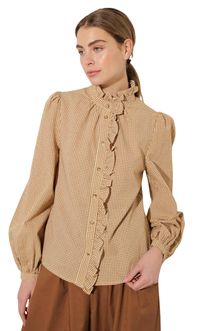 Apparel- Flying Tomato Gingham Ruffle Front Button Down Top